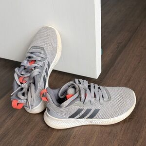 adidas Light Gray Knit Sneakers with Coral Pull Tabs